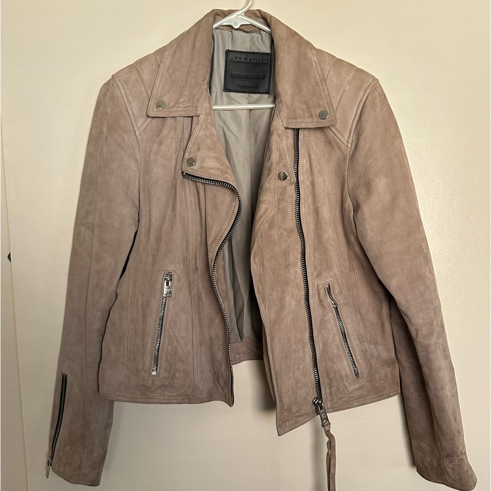 ALLSAINTS Neve Suede Biker Jacket Women's Size 10 Pale Grey taupe